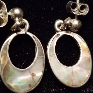 Vintage Inlaid Abalone Dangle Earrings,  Mexican Silver